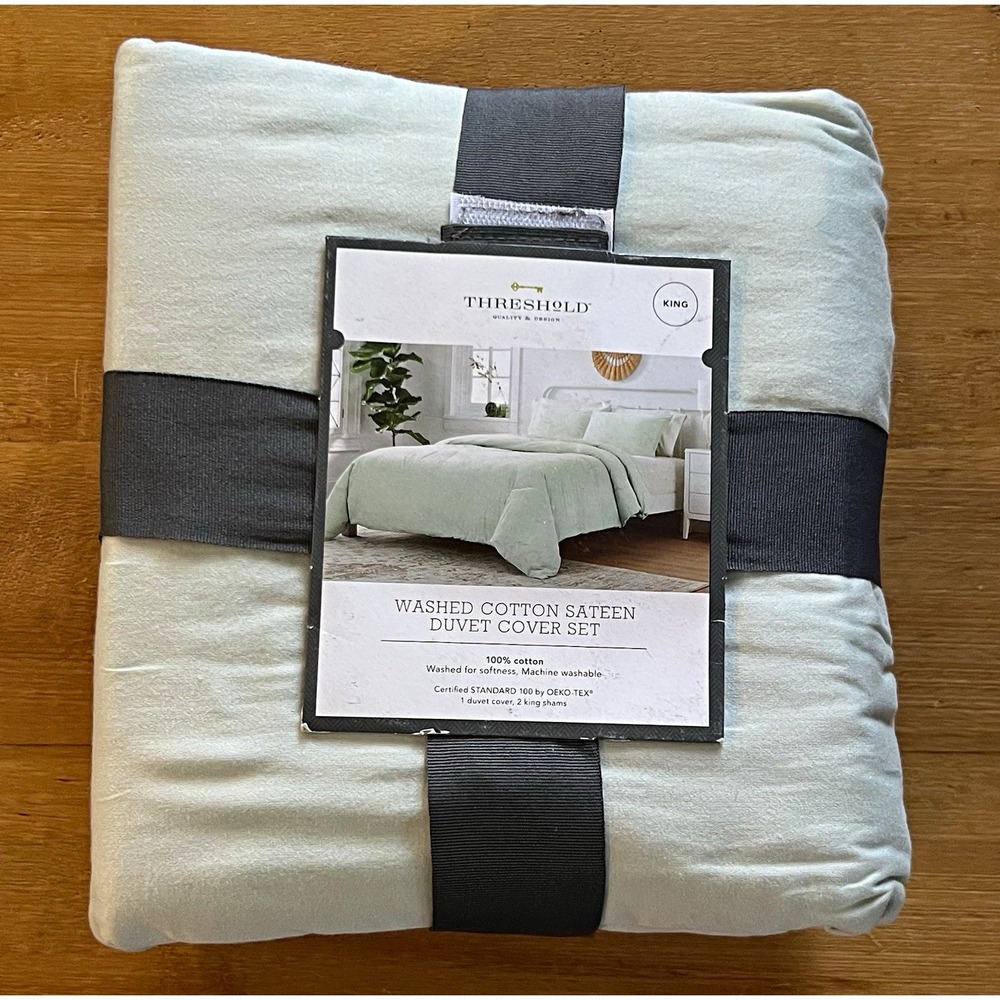 Threshold 100% Cotton Sateen King Duvet Cover Set Sage Green Zipper Closure